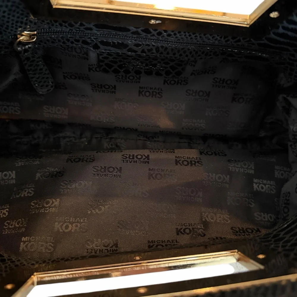 Michael Kors Berkley Clutch Bag Black Snakeskin Leather Square Gold Handle